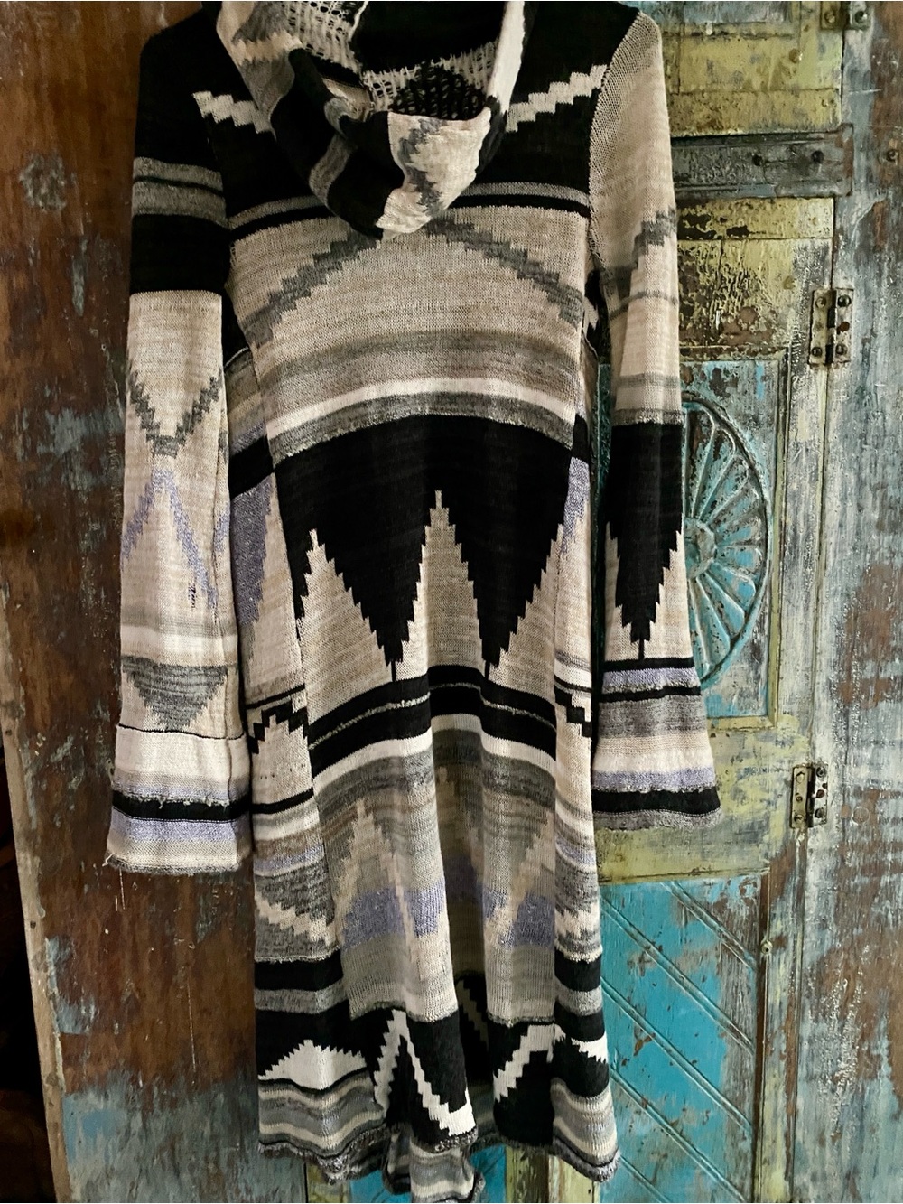 Free People Long Black and Cream Knit Cardigan with Hoodie - Picture 4 of 12